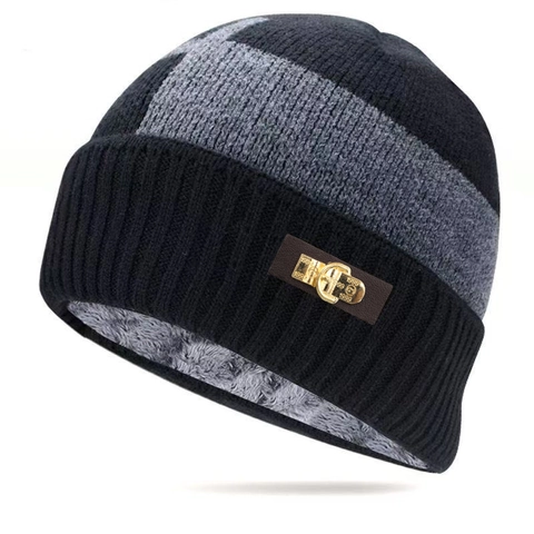 Winter Beanie Hat And Neck Warmer Scarf Acrylic Knitted Warm Fleece Lined Thick Color Block Leather Patch For Men