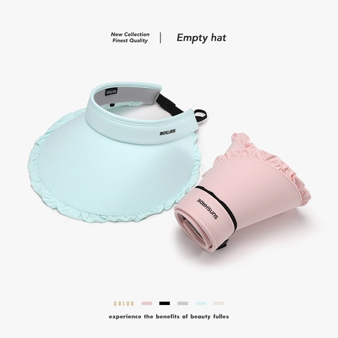Women Wide Brim Sun Visor Hat UV Protection Ruffle Edge Empty Top Nylon Spandex Adjustable Windproof Rope Portable