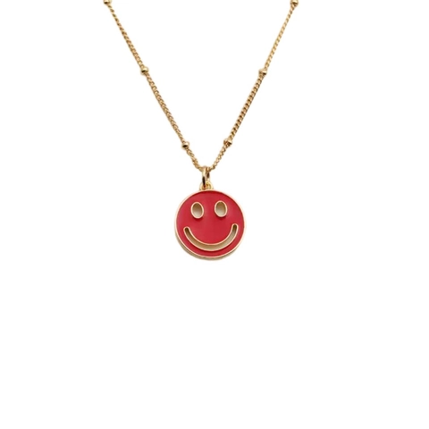 Smiley Gesicht Anhänger Halskette Kupfer Vergoldet Emaille Zirkon Bunte Runde Medaille Schmuck Damen
