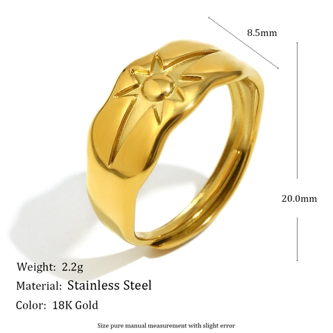 Starburst Open Ring Stainless Steel 18K Gold Plated Adjustable Minimalist North Star Vintage Jewelry For Women