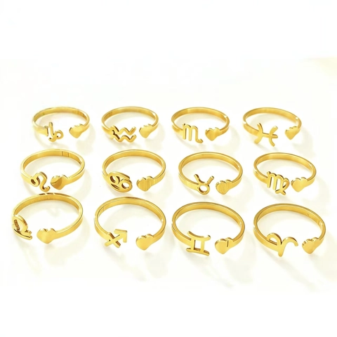 Stainless Steel Zodiac Ring Heart Open Adjustable Twelve Constellation Jewelry Fashion For Women High Polish