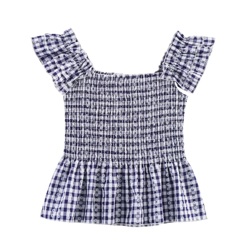 Dames Gingham Madeliefje Bloemen Gesmokte Peplum Tanktop Vierkante Hals Rufflemouw Zoet Vers Polyester Hemdje
