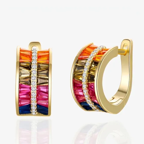 Rainbow Baguette Cut Zirconia Hoop Earrings With 925 Sterling Silver Earring Post Geometric Multi Color Fashion Jewelry
