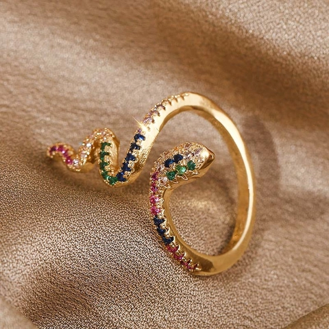 Anello Serpente Regolabile Rame Placcato Oro Zirconia Multicolore Gioielli Animali Per Donne Tendenza