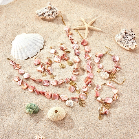 Collana Orecchini Bracciale in Acciaio Inossidabile Boho Conchiglia Oceano Stella Marina Corallo Perla Artificiale Gioielli da Spiaggia Donna