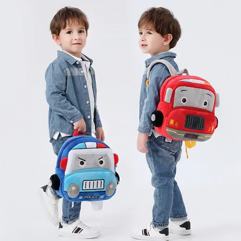 Kids Plush Car Backpack Toddler School Bag Cartoon Bus Police Car Fire Truck Shaped Soft Lightweight Small Daypack