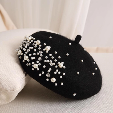 Elegant Wool Beret Hat For Women With Artificial Pearls And Rhinestones Winter Warm French Style Artist Hat