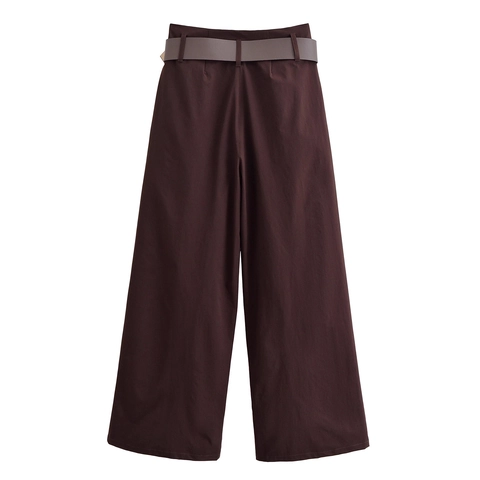 Pantaloni A Gamba Larga A Vita Alta Con Cintura Marrone Vintage Poliestere Retro Casual Pantaloni Lunghi Da Donna Chic