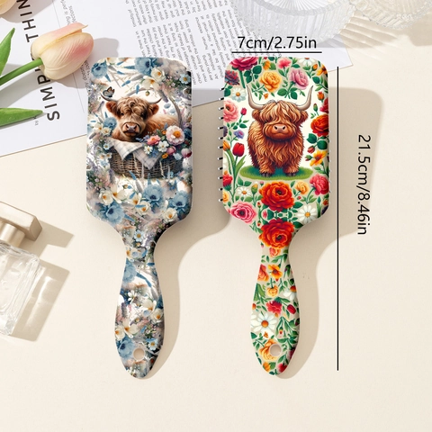 Air Cushion Hairbrush Massage Detangling Comb ABS Plastic Highland Cow Floral Print Cartoon Western Style For Women