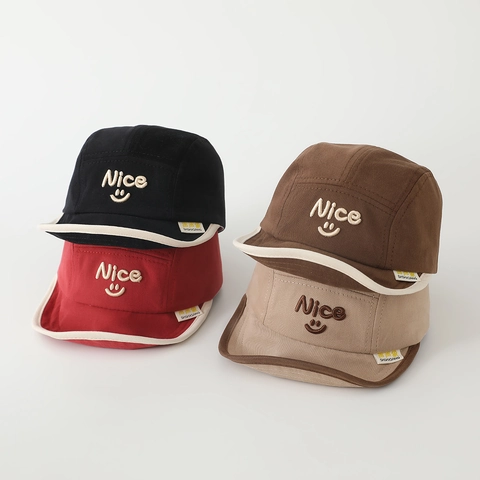 Cappello Neonato In Tela Di Cotone Berretto 5 Pannelli Tesa Morbida Ricamo Viso Regolabile Traspirante