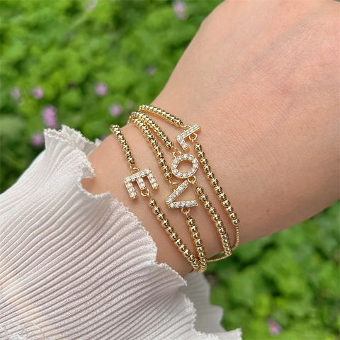 Initial Letter A-Z Charm Bracelet Copper 18K Gold Plated Zirconia Micro Pave Beaded Chain Adjustable For Women Men