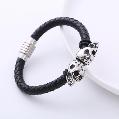 Bracciale Da Uomo In Pelle Intrecciata Con Ciondoli Teschio In Acciaio Inossidabile 316L Chiusura Magnetica Punk