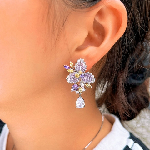 Orecchini Pendenti a Fiore in Rame con Zirconia AAA+ Lusso Francese Perno in Argento Sterling 925 Orecchini a Goccia Donna Gioielli