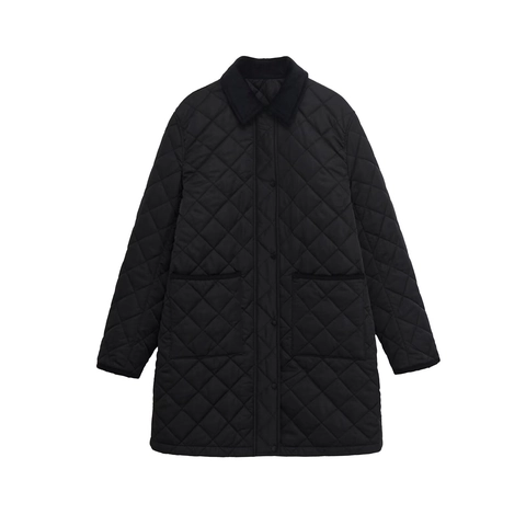 Women Diamond Quilted Jacket With Corduroy Lapel Long Sleeve Snap Button Pockets Polyester Casual Outerwear