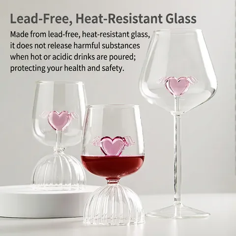 Bicchiere Da Vino Creativo Con Cuore Rosa E Ali Design Cupido Resistente Al Calore Trasparente Per Matrimonio Romantico Regalo Festa