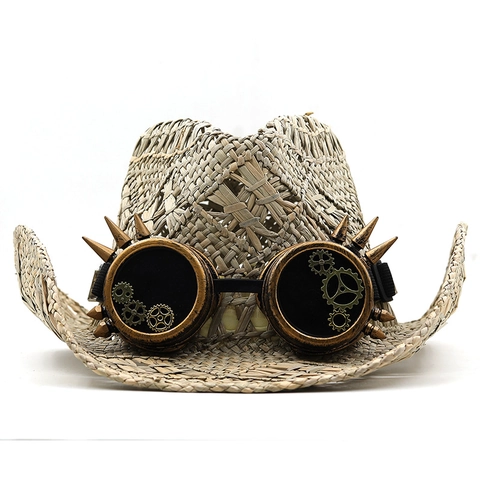 Steampunk Cowboy Straw Hat With Goggles Gears Spikes Retro Western Style Breathable Sun Protection For Party Cosplay