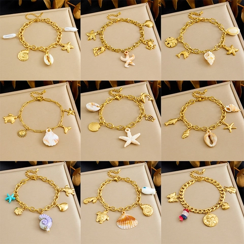 Ocean Charm Bracelet Stainless Steel Gold Plated Marine Animal Pendants Starfish Shell Summer Beach Fashion Women