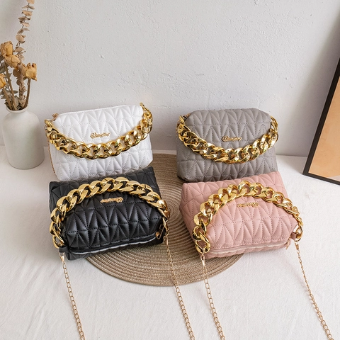 Borsa A Spalla Donna Pelle PU Trapuntata Motivo Diamante Borsa A Tracolla Catena Dorata Manico Moda Tinta Unita