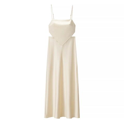 Spaghetti-Träger Maxikleid Satin Textur Taille Ausschnitt Schleife Rückenfrei Champagner Elegant Abendparty Kleid