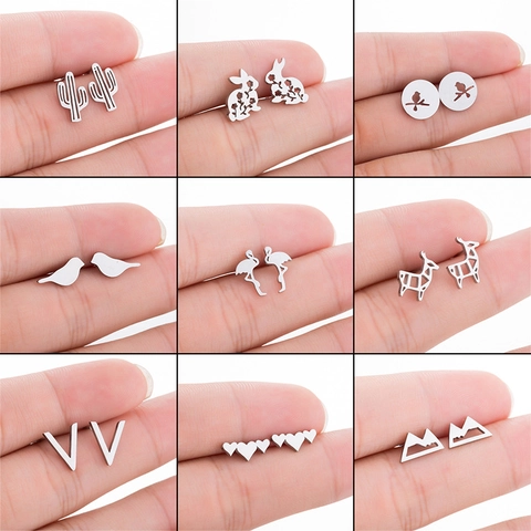 Minimalist Stainless Steel Stud Earrings Geometric Animal Heart Letter V Shape Hollow Cut Jewelry For Women