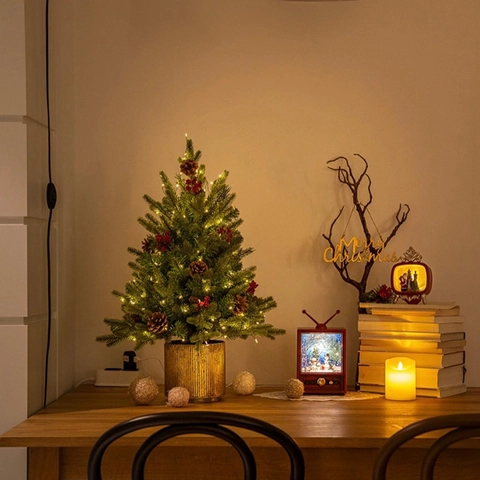 Mini Artificial Christmas Tree With Warm LED Lights Gold Metal Pot Base Desktop Glowing Holiday Decoration Pine Tree For Home Office