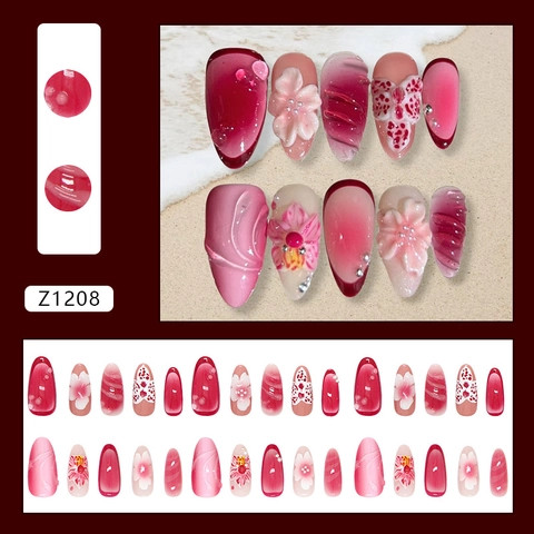 Press On Nägel 3D Blumenrelief Schmetterling Künstliche Perlendekor Glänzend Farbverlauf Pink Rot Abnehmbare Künstliche Nägel