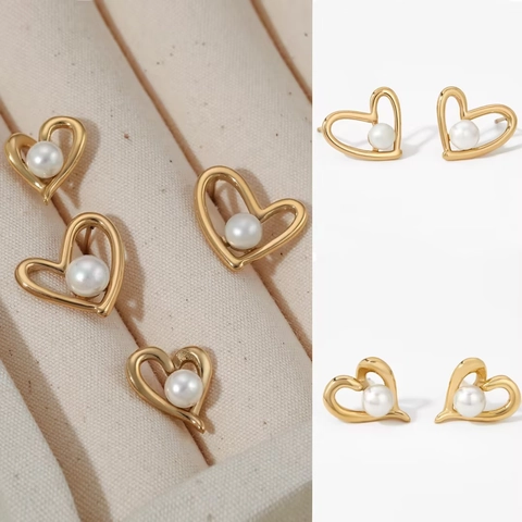 Orecchini A Lobo Cuore Traforato Con Perla Artificial Acciaio Inossidabile Elegante Gioielli Moda Donna