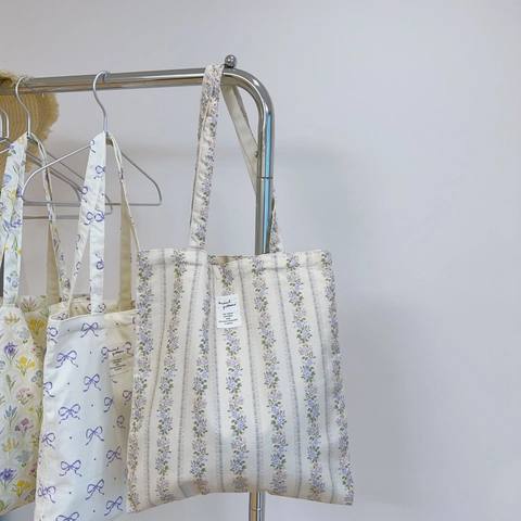 Sac Fourre-Tout En Toile À Fleurs Et Nœuds Coton Sac À Bandoulière Grande Capacité Poche Intérieure Style Littéraire Frais Femmes