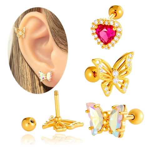 Heart Butterfly Ear Cartilage Stud Earrings Titanium Steel Copper Zircon Screw Ball Back Piercing Jewelry For Women