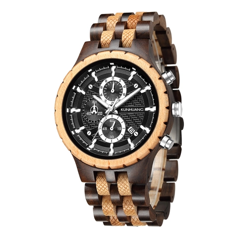 Men Wooden Quartz Watch Natural Wood Chronograph Multifunction Date Luminous Sport Fashion Handcrafted Business Wristwatch