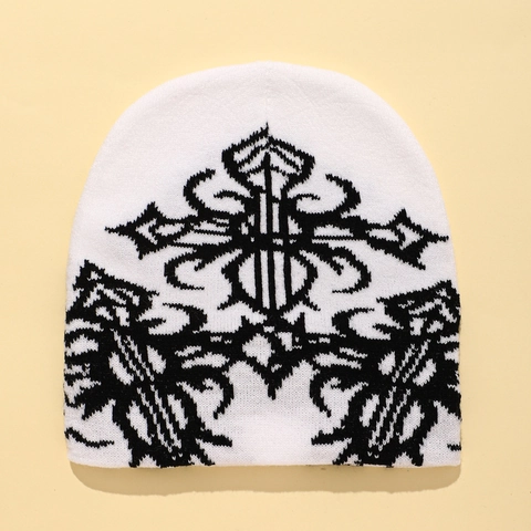 Gothic Cross Jacquard Knitted Beanie Hat For Men Women Winter Warm Hip Hop Streetwear Y2K Retro Aesthetic Skull Cap Accessories