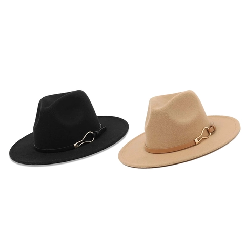 Wide Brim Fedora Hat Vintage Polyester Wool Felt Jazz Cap With Belt Decoration Gold Buckle Unisex Solid Color