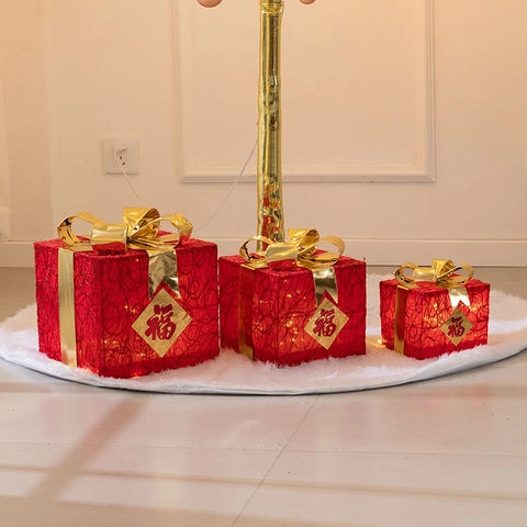 Caja De Regalo Luminosa Adornos Árbol Torre Hierro Hueco LED Navidad Año Nuevo Fiesta Decoración Suelo Oro Rojo Metal