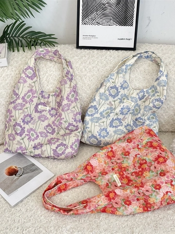 Women Floral Print Tote Bag Large Capacity Polyester Canvas Shoulder Bag With Inner Pocket Aesthetic For Daily Use