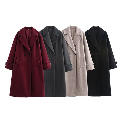 Cappotto Lungo in Lana da Donna Doppiopetto Revers Casual Largo Capispalla Moda Soprabito per Autunno Inverno Streetwear Giacca Calda
