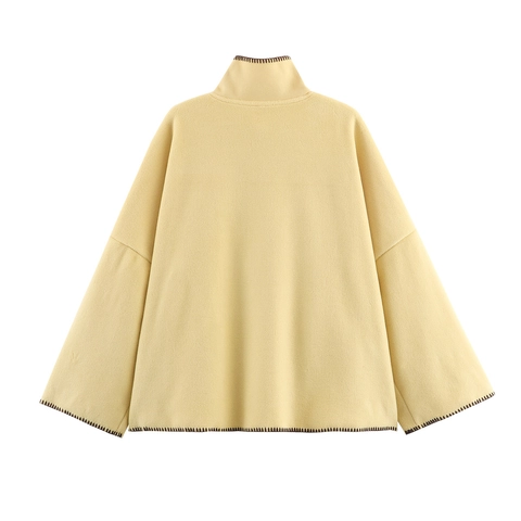 Manteau Cape Style Français Vintage En Laine Femme Col Montant Manches Évasées Boutonnage Simple Coutures Contrastées Veste