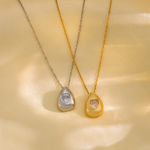 Collar Con Colgante De Gota De Agua Acero De Titanio Corazón Circón Incrustado Cadena De Clavícula Geométrica Joyería Minimalista