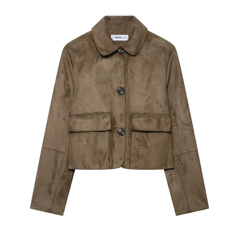 Women's Cropped Faux Suede Jacket Solid Color Lapel Long Sleeve Buttons Flap Pockets Casual Streetwear Outerwear