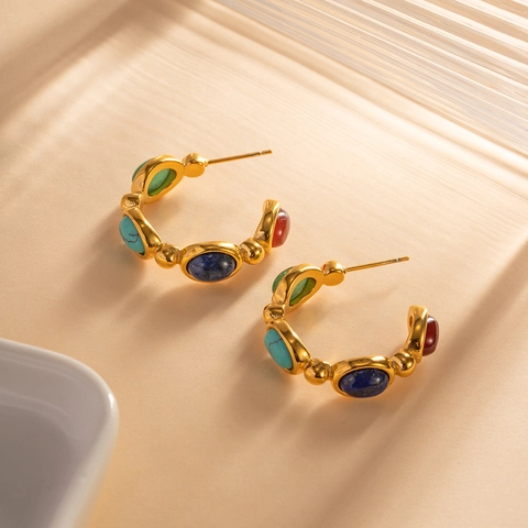 Vintage 18K Gold Plated Stainless Steel C-Shape Hoop Earrings Multicolor Natural Stone Inlaid Statement Earrings For Women Jewelry