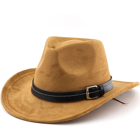 Western Cowboy Hat Suede Wide Upturned Brim Vintage Fedora With Faux Leather Belt Metal Buckle For Men Women Outdoor
