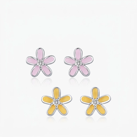 925 Sterling Silber Blumenstecker Rosa Gelbe Emaille Zirkonia Minimalistischer Modeschmuck Für Damen