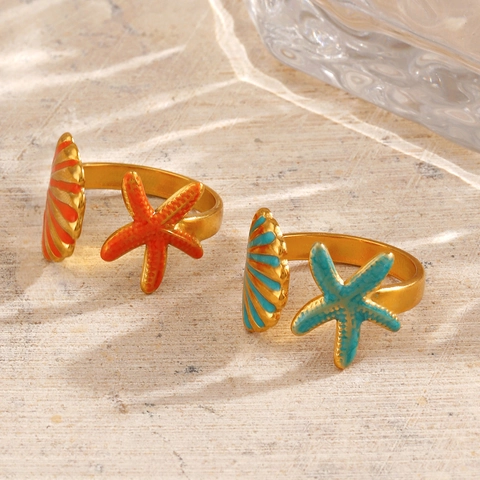 Starfish Shell Offener Ring Edelstahl Vergoldet Emaille Verstellbar Ozean Sommer Strand Schmuck Für Damen