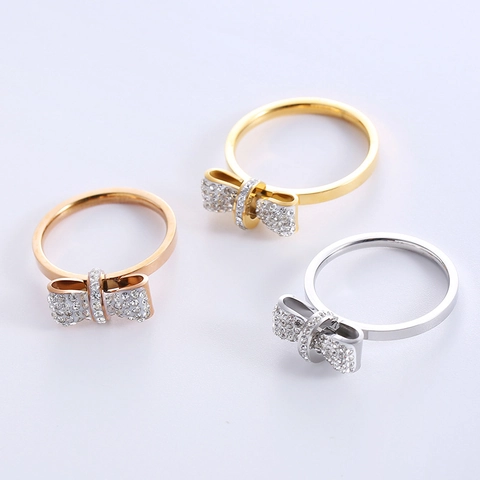 Bow Knot Rhinestone Ring For Women Minimalist Light Luxury 316L Stainless Steel Zircon Inlaid Fashion Jewelry