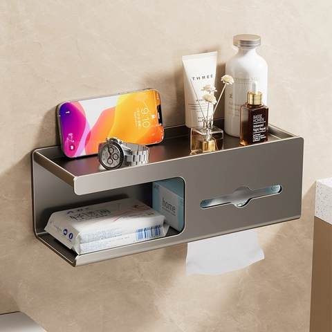Wall Mounted Toilet Paper Holder Carbon Steel Tissue Box With Storage Shelf Bathroom Organizer Punch Free Gun Grey Modern