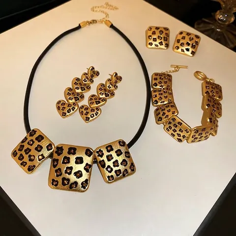 Collana Bracciale Orecchini Cuore Stampa Leopardata Con Perno In Argento Sterling 925 Lega Oro Vintage Lusso Per Donna
