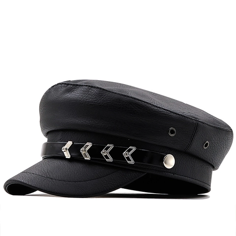Women Newsboy Cap PU Leather Octagonal Military Hat With Silver Metal Chain Vintage Solid Black Retro Flat Top