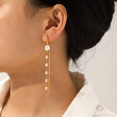 Stainless Steel Tassel Dangle Earrings With Artificial Pearl And Zircon Elegant Long Chain Fashion Jewelry For Women Gold Plated