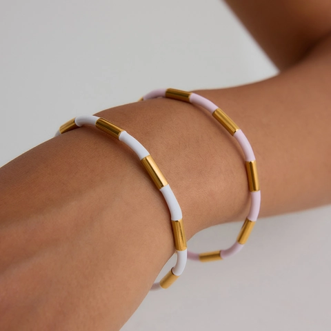 Brazalete Abierto Minimalista Con Bloques De Color De Acero Inoxidable Chapado En Oro Esmalte Pulsera Geométrica Para Mujeres