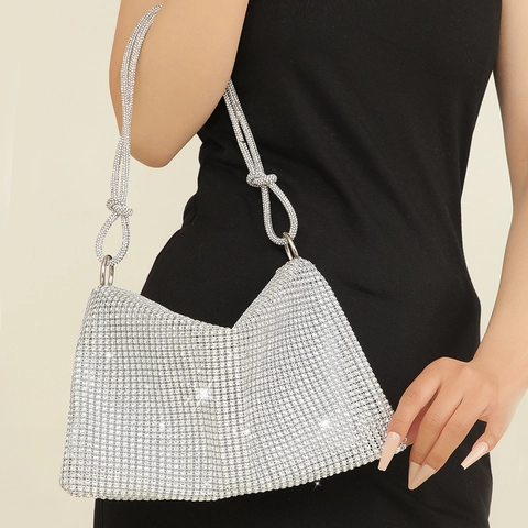 Evening Bag Rhinestone Knotted Strap Underarm Crescent Handbag For Women Sparkly Party Wedding Clutch