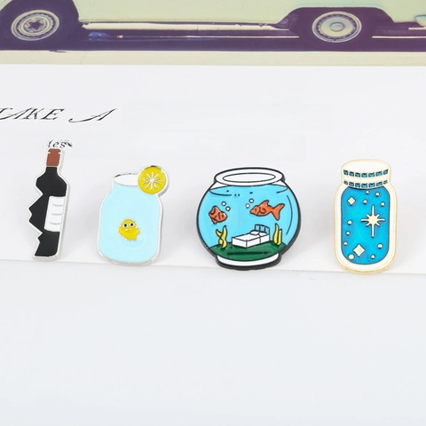 Cute Cartoon Enamel Pin Alloy Brooch Goldfish Bowl Star Bottle Lemon Wine Bottle Badge Jewelry Gift For Women Men Decoration